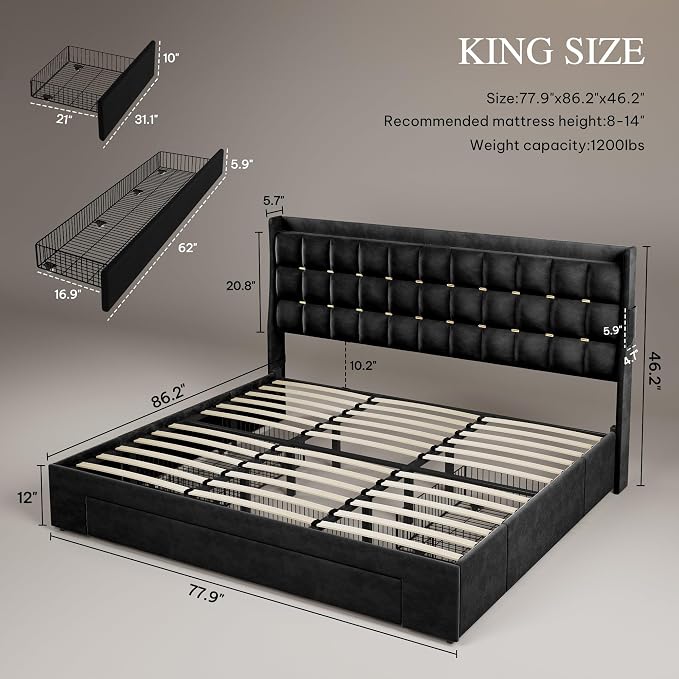 YITAHOME King Size Bed Frame with 3 Storage Drawers and RGB LED Lights, Velvet Upholstered Bed w/Charging Station and Storage Headboard, No Box Spring Needed, Noise-Free, Charcoal Black
