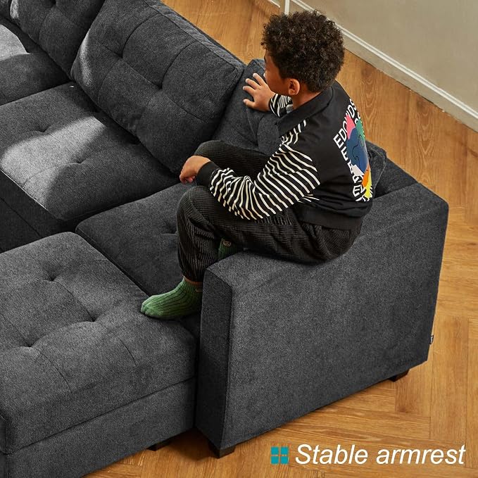 Belffin Convertible Modular Sectional Sofa Couch with Storage Seat L Shaped 4-Seat Sofa Couch with Reversible Chaise Modular Sectional Fabric Dark Grey