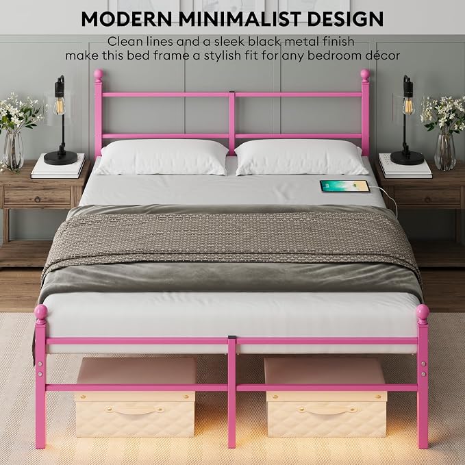 Full Size Bed Frame with Headboard - Metal Platform Bed with LED Lights, Charging Station, Under Bed Storage and Heavy Duty Steel Slats Support - No Box Spring Needed, Easy Assembly, Pink