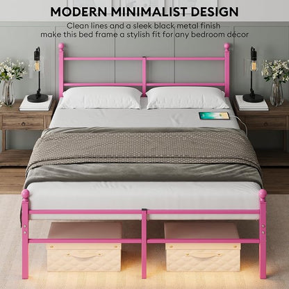 Queen Size Bed Frame with Headboard - Metal Platform Bed with LED Lights, Charging Station, Under Bed Storage and Heavy Duty Steel Slats Support - No Box Spring Needed, Easy Assembly, Pink