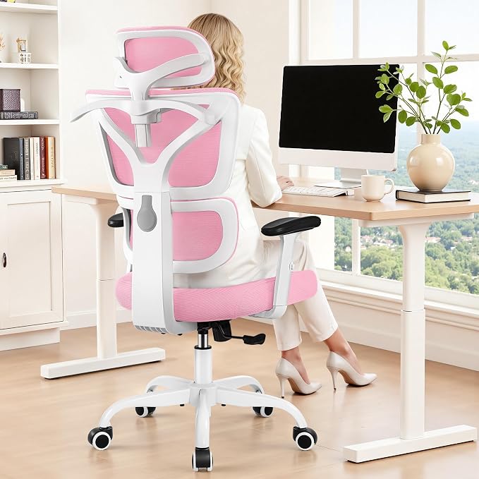 Ergonomic Office Chair High Back Desk Chair with Lumbar Support, Breathable Mesh Computer Chair with Adjustable Armrests Height, Reclining Swivel Big and Tall Gaming Chair for Home Office(Pink)