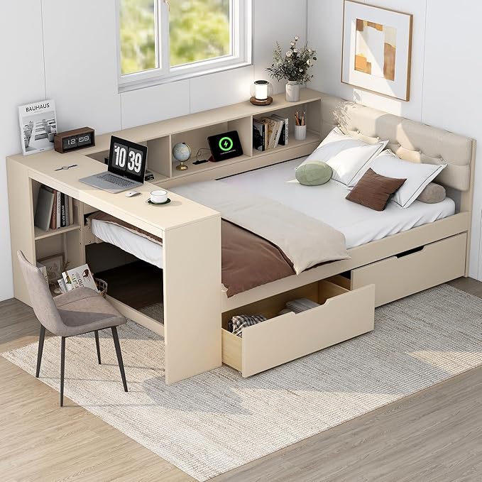 Ball & Cast Full Size Wood Daybed with Storage Shelves and Built-in Desk,Platform Bed w/Under-Bed Drawers & Charging Station,Upholstered Headboard,No Box Spring Needed,for Student Dorms,Cream