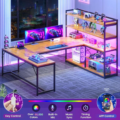 SEDETA L Shaped Desk with Storage Shelves, 63” Reversible U Shaped Office Desk, Gaming Desk with Power Outlet and LED Lights for Home Office, Rustic Brown