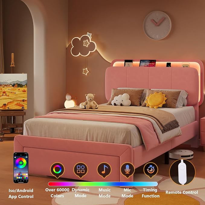 Feonase Twin Upholstered Bed Frame with Storage Drawers and Headboard, Built-in Charging Station, Velvet Platform LED Bed with Solid Wood Slat Support, No Box Spring Needed, for Girls and Kids, Pink