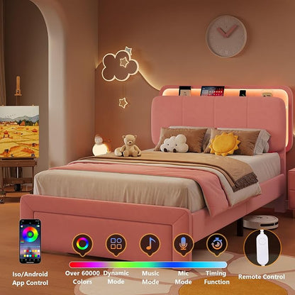 Feonase Twin Upholstered Bed Frame with Storage Drawers and Headboard, Built-in Charging Station, Velvet Platform LED Bed with Solid Wood Slat Support, No Box Spring Needed, for Girls and Kids, Pink