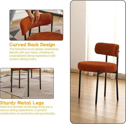 EDWELL Orange Dining Chairs Set of 2, Upholstered Dining Room Chairs, Curved Backrest Boucle Dining Chair for Kitchen, Living Room, Mid-Century Modern Kitchen Chairs with Black Metal Legs