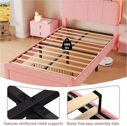 Feonase Twin Upholstered Bed Frame with Storage Drawers and Headboard, Built-in Charging Station, Velvet Platform LED Bed with Solid Wood Slat Support, No Box Spring Needed, for Girls and Kids, Pink