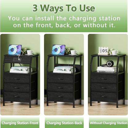 Furnulem Night Stand with Charging Station, 28.3 Inch Tall Side Table with Fabric Drawers and Storage Shelf, Bedside Table with USB Ports & Outlets, Nightstand for Bedroom, 3 Ways to Use, Black Oak
