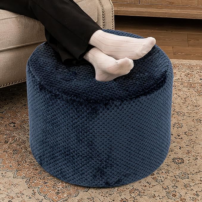 Poofieotto 20"x14" Round Foam Stuffed Pouf Ottoman - Modern Floor Foot Rest & Seating for Living Room, Bedroom, or Couch - Stylish Home Decor Accent (Navy)
