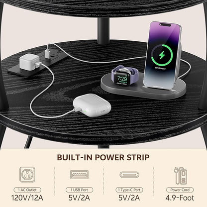Round Side Table with Charging Station, USB Type C Port, Black | Round End Table with Basket for Living Room, Space Saving, Tall Night Stand for Bedroom Dorm,15.75in Metal and Wood, Rustic