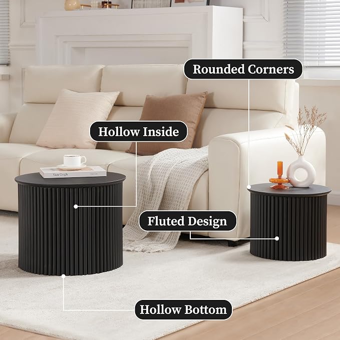 AVZEAR Round Nesting Coffee Table Set of 2, Small Fluted Coffee Table Circle Side Table, Mid Century Modern Wood Nesting Tables Farmhouse End Table Set for Living Room, Bedroom, Small Spaces(Black)