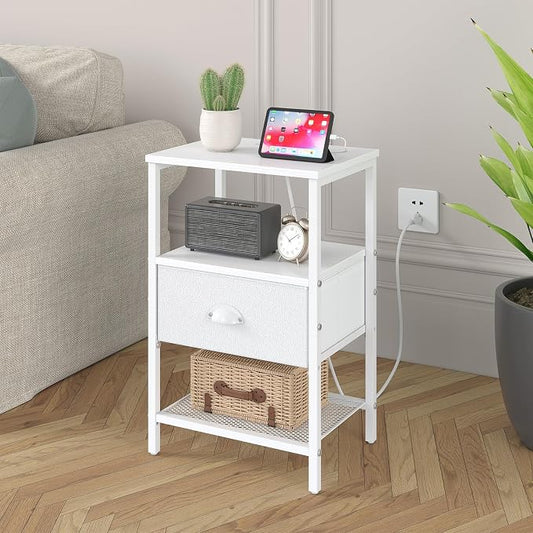 sthmec Nightstands Set of 2, Night Stands with Charging Station and Fabric Drawer PU Finish, Bedside Tables with Drawers, 2-Tier Side Table with Open Shelf, Nightstands with Charging Station,White