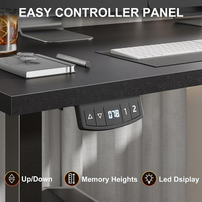 63” L Shaped Electric Standing Desk, Height Adjustable Computer Desk with LED Screen & Memory Presets, Ergonomic Sit to Stand Desk with Headphone Hook for Home, Office and Workstation, Dark Black