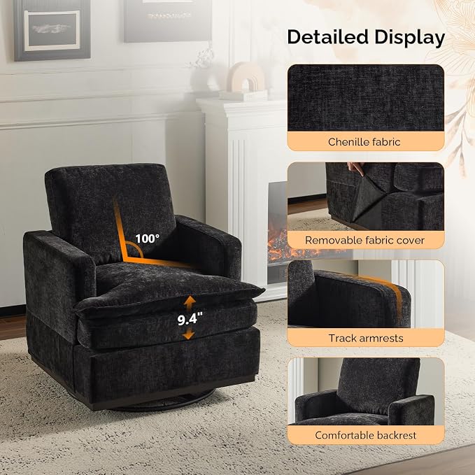 VINGLI 360° Swivel Accent Chair with Double-Layer Seat Cushions, Comfy Single Square Sofa Armchair, Upholstered Club Chair for Living Room,Bedroom, Reading Room, Chenille Black