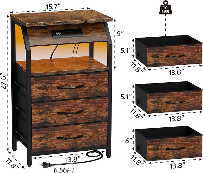 SZLHANJZ End Table with Charging Station, Nightstand with LED Lights and 3 Drawers, Small Night Stand with Fabric Storage, Retro Side Table for Bedside, Living Room Dorm, Rustic Brown