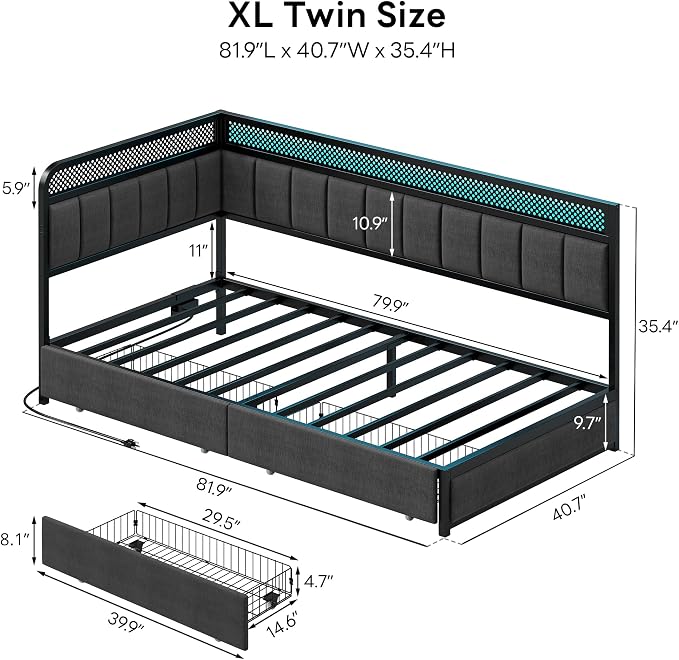 LIKIMIO Twin XL Corner Bed Frame, Modern Daybed with Upholstered Guardrail | Under-Bed Storage Drawers, Built-in Charging Station, Adjustable Smart LED Lights, Gray