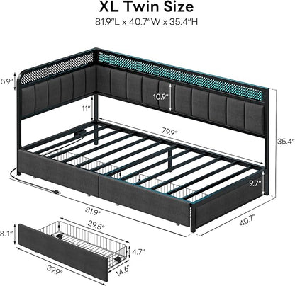 LIKIMIO Twin XL Corner Bed Frame, Modern Daybed with Upholstered Guardrail | Under-Bed Storage Drawers, Built-in Charging Station, Adjustable Smart LED Lights, Gray