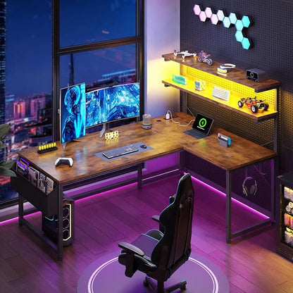 DurayLoly L Shaped Gaming Desk with LED Light & Power Outlet, 43.3 Inch Reversible Computer Desk with Shelf & Storage Bag & Hook for Home Office, Rustic Brown