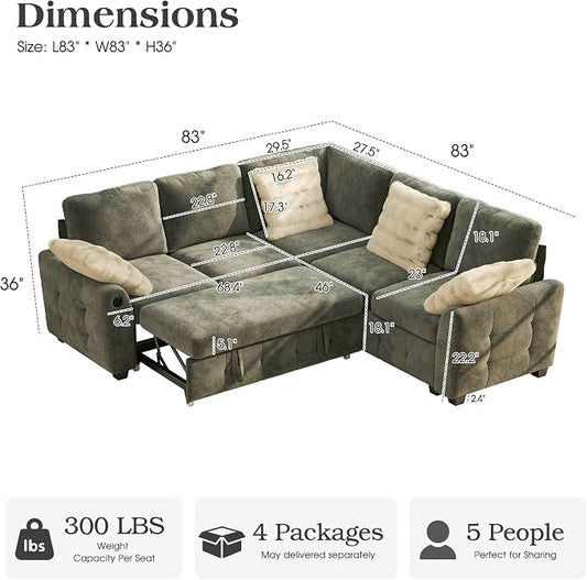 Ihanherry L-Shaped Sectional Sofa Bed with Storage, 5-Seater Convertible Pull Out Sleeper Sofa with USB Charging Ports, 4 Pillows & Wide Armrests, Chenille Fabric for Living Room, Apartment（Gray）