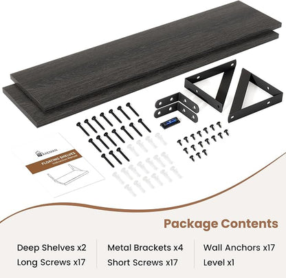Axeman 55 Inch Floating Shelves | 8 Inch Deep Black Wall Shelves Set of 2 | 55" W x 8" D Rustic Black Wood Shelves for Bathroom Kitchen Living Room
