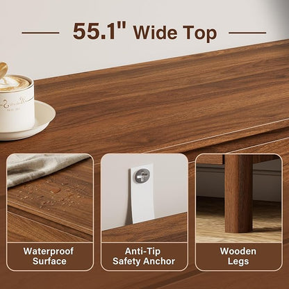 Walnut Mid-Century Modern 3 Piece Bedroom Furniture Set, 6 Drawer Dresser with Handleless Wood Grain Design and Nightstands Set of 2, Minimalist Storage Dresser for Bedroom