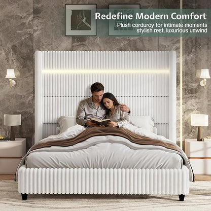 Jocisland King Bed Frame Faux-Fur Upholstered 60" Tall Headboard, White | Wingback Headboard, LED lights, USB Charging, Noise-free, No box spring needed, easy assembly, for Master Bedroom