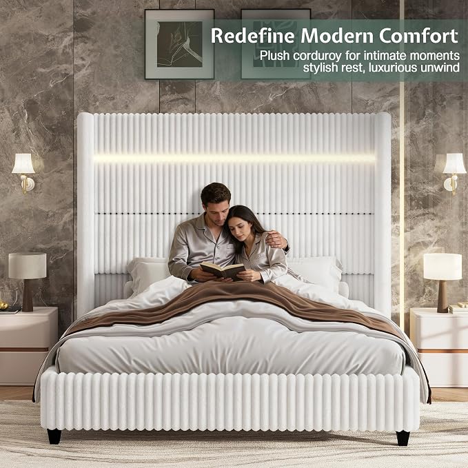 Jocisland Cal King Bed Frame Faux-Fur Upholstered 60" Tall Headboard, White | Wingback Headboard, LED lights, USB Charging, Noise-free, No box spring needed, easy assembly, for Tall People