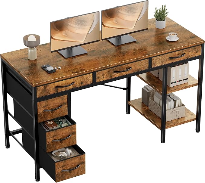 Sweetcrispy 55" Computer Desk with 6 Drawers, Home Office Gaming Desks with Storage Shelves for Bedroom, Writing Study Corner Living Room Work Table, Brown