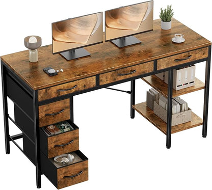 Sweetcrispy 55" Computer Desk with 6 Drawers, Home Office Gaming Desks with Storage Shelves for Bedroom, Writing Study Corner Living Room Work Table, Brown