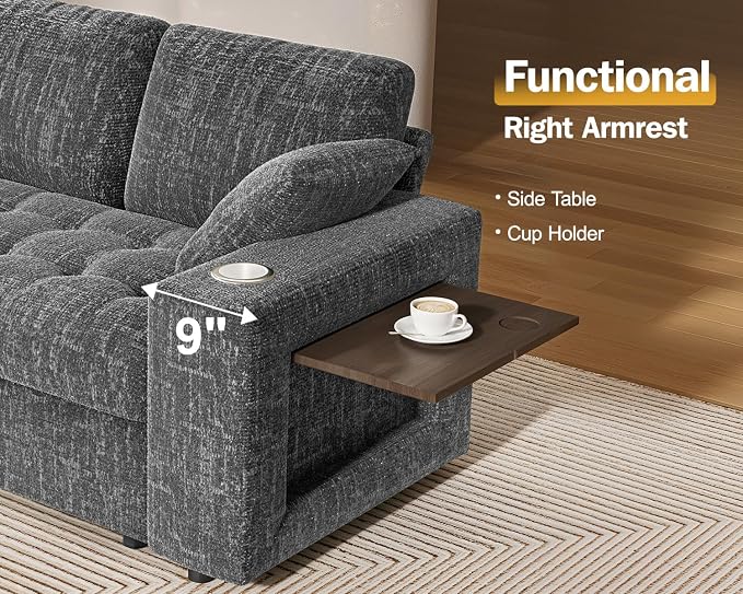 Vipbear 111" Modular Sectional Sleeper Sofa with Pull Out Bed, 8 Seat Chenille U Shaped Couch with 2 Pull-Out Beds|USB Ports|Cup Holders|Side Table|LED Light, Tool Free Assembly, Grey