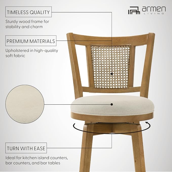 Armen Living Isla 26 in. Amber Glow Counter Height Rubberwood Swivel Barstool with Ivory Fabric Seat