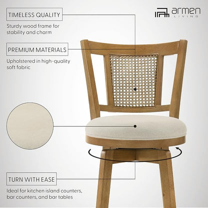 Armen Living Isla 26 in. Amber Glow Counter Height Rubberwood Swivel Barstool with Ivory Fabric Seat