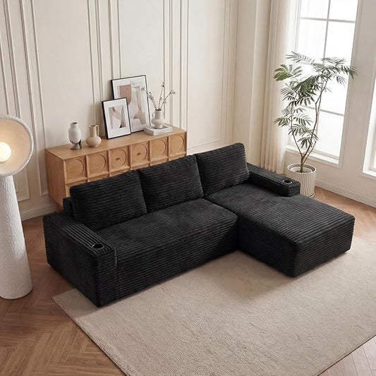 104" L Shaped Boneless Sectional Couches for Living Room, Comfy Corduroy Floor Cloud Sofa with Chaise and Cup Holder, Wide Armrest, Deep Seat, Assembly Free, Ideal for Small Spaces, Black