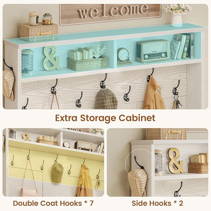 Itaar Hall Tree with Bench and Shoe Storage, 5-in-1 Entryway Bench with Coat Rack, 10 Shoe Cubbies & 9 Coat Hooks, Barn Door & Adjustable Shelf (Embossed White)