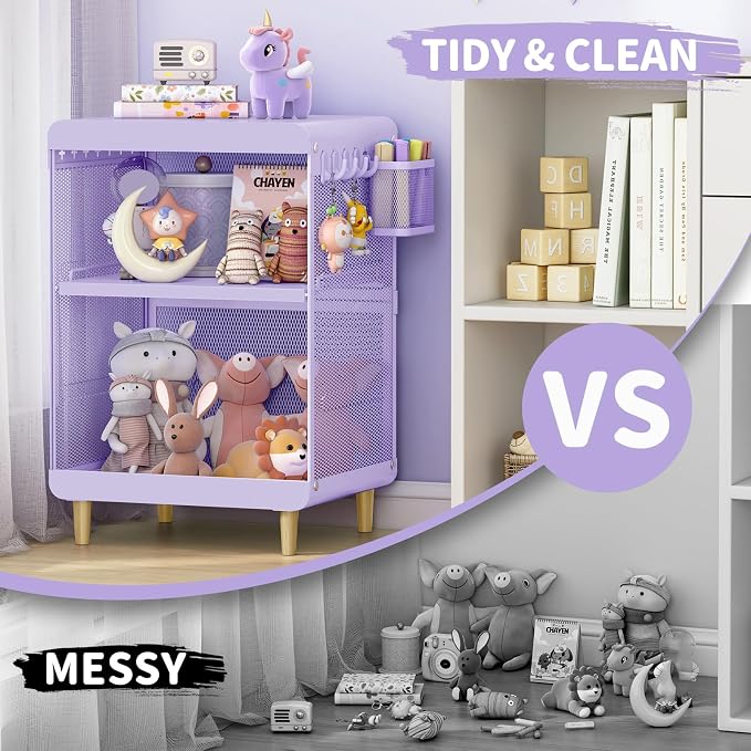 SYKIARIOL Kids Nightstand for Girls, Metal Bedside Table with 4 Hooks & Hanging Basket, 3-Tier Storage Shelf, Toddler Night Stand for Bedroom, Purple