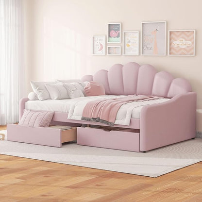 Merax Modern Upholstered Platform Bed Frame with Shall Shaped Backrest & Storage Drawers, Velvet Low Sofa Day Bed, No Box Spring Needed/Easy Assemble/Full,Pink