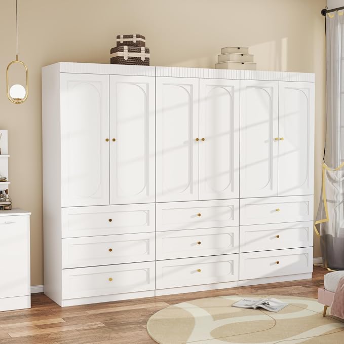 Wooden Wardrobe Closet with Doors: 75" Tall White Armoire Wardrobe Closet with 9 Drawers and 6 Doors, Modern Clothes Cabinets for Bedroom Armoires with Hanging Rod (9-Drawers, 94.5")