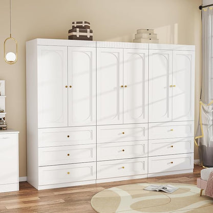 Wooden Wardrobe Closet with Doors: 75" Tall White Armoire Wardrobe Closet with 9 Drawers and 6 Doors, Modern Clothes Cabinets for Bedroom Armoires with Hanging Rod (9-Drawers, 94.5")