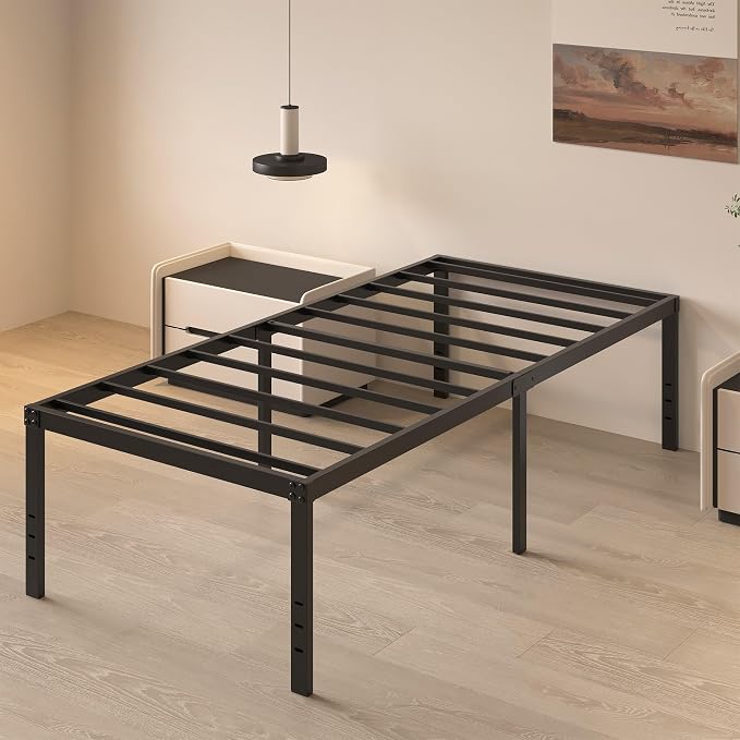 HOBINCHE 20 Inch Twin XL Size Bed Frame, No Box Spring Needed, Heavy Duty Black Metal Platform Mattress Foundation with Steel Slats, Non-Slip Noise Free Easy Assembly, Large Storage