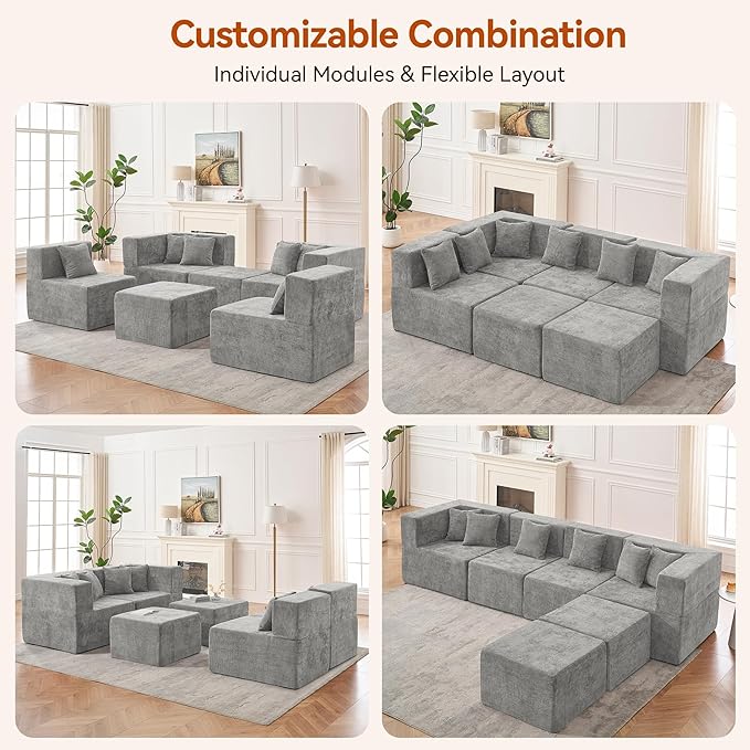 MONVANE Modular Sectional Cloud Couch for Living Room - 130'' 6 Seater Convertible Chenille Couches Set with Ottoman, No Assembly Compression Sofas, Comfy Floor Sofa with Memory Foam, Light Grey