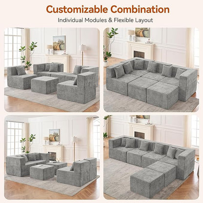 MONVANE Modular Sectional Cloud Couch for Living Room - 130'' 6 Seater Convertible Chenille Couches Set with Ottoman, No Assembly Compression Sofas, Comfy Floor Sofa with Memory Foam, Light Grey