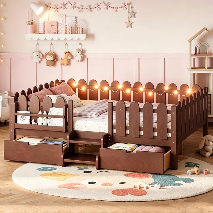 Bellemave Queen Size Platform Bed with Storage Drawers & Bookshelf for Boys Girls, Kids Queen Bed Frame with LED Lights & Stairs for Children's Room, Deep Natural