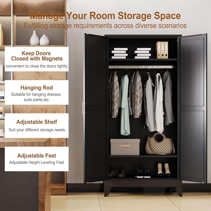 Metal Armoire Wardrobe Closet Storage Cabinet with 2 Doors Black, 71'' Wardrobe Cabinet with Hanging Rod Metal Closet with 2 Adjustable Shelves for Bedroom, Laundry Room, Cloak Room