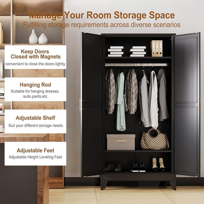 Metal Armoire Wardrobe Closet Storage Cabinet with 2 Doors Black, 71'' Wardrobe Cabinet with Hanging Rod Metal Closet with 2 Adjustable Shelves for Bedroom, Laundry Room, Cloak Room