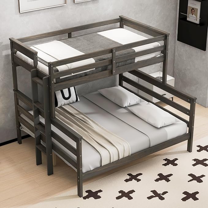 Wood Bunk Bed Twin XL Over Queen Size, Detachable Design Bunk Bed Frame with Safety Guardrail, Ladder and Sturdy Slats Support (Grey-4.21)