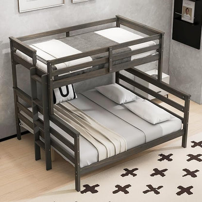 Wood Bunk Bed Twin XL Over Queen Size, Detachable Design Bunk Bed Frame with Safety Guardrail, Ladder and Sturdy Slats Support (Grey-4.21)