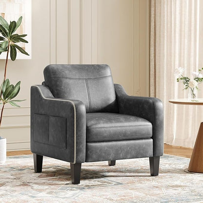 MALOL PU Leather Accent Chair, Mid-Century Modern Living Room Armchair Sofa with Removable Cushions, Solid Wood Frame & Stitched Armrest Design, Bedroom Chair with Plastic Legs, Black