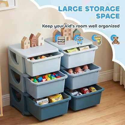 Qaba 6 Drawers Kids Storage Unit, 3 Tier Stackable Toy Organizers and Storage Chest for Bedroom, Nursery, Playroom, Living Room, Boys, Girls, Toddlers, Blue