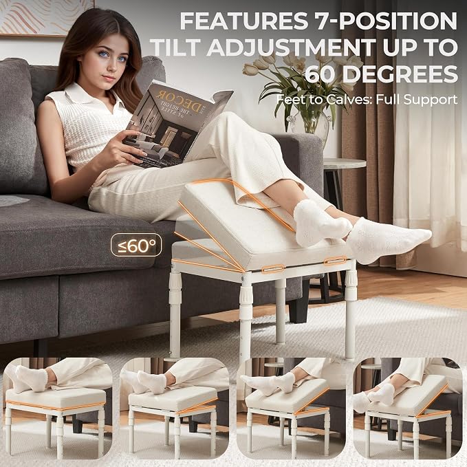 TIOPGHAD Adjustable Ottoman Pouf Footrest, 60 Degree Tilt, Beige | 4-Height, 28 Positions, Iron frame, Foam Cushion, 15.74 x 11.81 x 13.34 in, Under Desk, Living room, Home Office