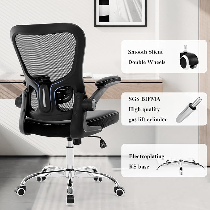 Office Chair, Mesh Ergonomic Desk Computer Chair with PU Leather Flip-up Armrest, Home Task Chair with Lumbar Support, Adjustable Executive Mid Back, Rolling Swivel,Black